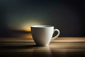 a white coffee cup sitting on a wooden table. AI-Generated photo