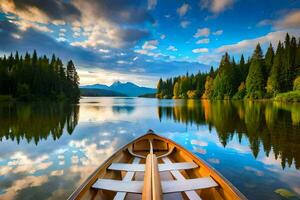 un canoa es flotante en el calma aguas de un lago. generado por ai foto