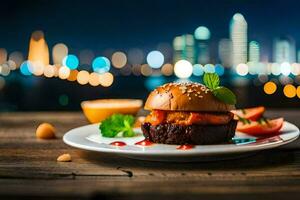 a burger on a plate with a cityscape in the background. AI-Generated photo