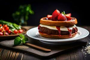 a hamburger with strawberries and cheese on a plate. AI-Generated photo