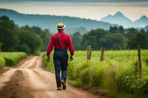 a man in a red shirt and hat walking down a dirt road. AI-Generated photo