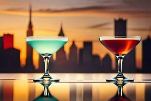 two cocktails on a table with a city skyline in the background. AI-Generated photo