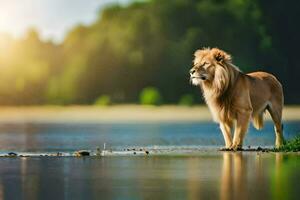 a lion standing on the shore of a lake. AI-Generated photo