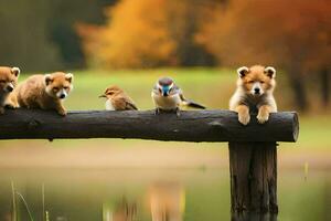 un grupo de pequeño animales sentado en un registro. generado por ai foto