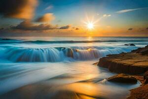 the sun rises over the ocean and waves crashing into the shore. AI-Generated photo