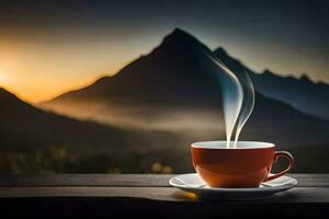 a cup of coffee on a wooden table in front of a mountain view. AI-Generated photo
