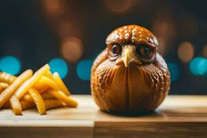 a chicken statue with french fries on a table. AI-Generated photo