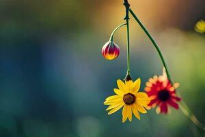 two yellow flowers hanging from a vine. AI-Generated photo