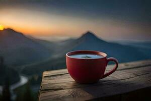 a cup of coffee on a wooden table overlooking a mountain range. AI-Generated photo