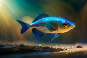 a blue fish with a yellow tail swimming in the water. AI-Generated photo