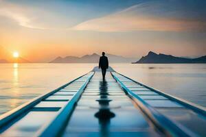 un hombre en pie en un puente terminado agua a puesta de sol. generado por ai foto