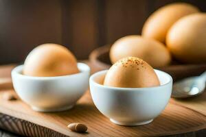 brown eggs in white cups on a wooden table. AI-Generated photo