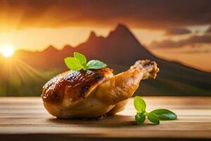 the chicken is on a wooden table with a mountain in the background. AI-Generated photo