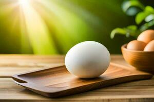 an egg on a wooden cutting board with a bowl of eggs. AI-Generated photo
