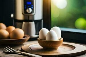 eggs in a bowl on a table next to an electric kettle. AI-Generated photo