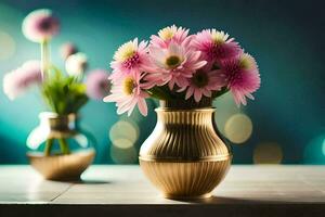 two vases with pink flowers on a table. AI-Generated photo