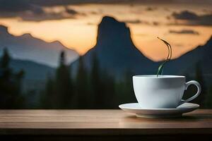 a cup of coffee on a table in front of a mountain. AI-Generated photo