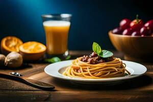 spaghetti with meat and vegetables on a plate. AI-Generated photo