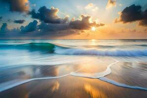 the sun rises over the ocean and waves. AI-Generated photo