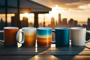 five coffee mugs on a table with a city skyline in the background. AI-Generated photo