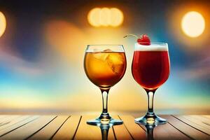 two glasses of alcoholic drinks on a wooden table. AI-Generated photo