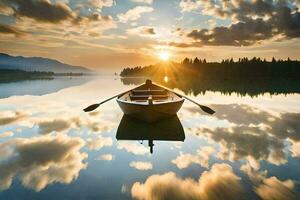 un barco es flotante en un calma lago a puesta de sol. generado por ai foto