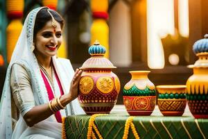 a woman in traditional indian attire is holding a pot. AI-Generated photo