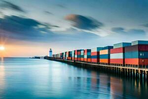 a container ship is docked at the end of a pier. AI-Generated photo