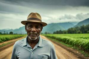 un hombre en un sombrero en pie en un campo. generado por ai foto