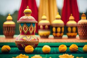 a table with many colorful vases and other items. AI-Generated photo