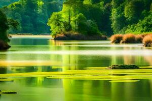 photo wallpaper the sky, trees, water, green, the forest, the lake, the river. AI-Generated