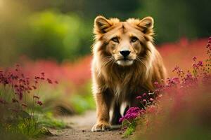 un león caminando mediante un campo de flores generado por ai foto