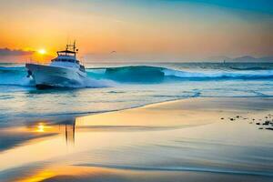 un barco es navegación en el playa a puesta de sol. generado por ai foto
