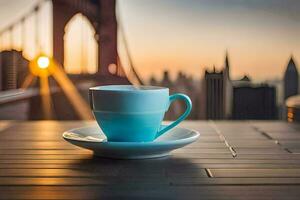 café taza en el mesa con el dorado portón puente en el antecedentes. generado por ai foto