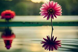 dos rosado flores son reflejado en el agua. generado por ai foto