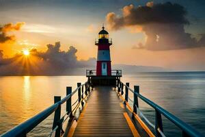 un faro soportes en un muelle a puesta de sol. generado por ai foto