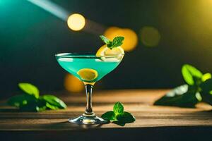 blue cocktail with lemon and mint on a wooden table. AI-Generated photo