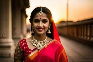 a beautiful indian woman in a red sari. AI-Generated photo