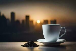 coffee cup and saucer on the table with cityscape in the background. AI-Generated photo