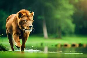 a lion walking across a grassy field. AI-Generated photo