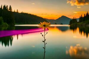 un flor es sentado en el borde de un lago con montañas en el antecedentes. generado por ai foto