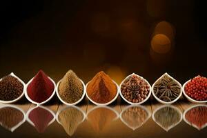 spices in a row on a wooden table. AI-Generated photo