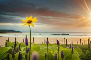 photo wallpaper the sea, flowers, sun, the beach, flowers, the sea, the sun. AI-Generated