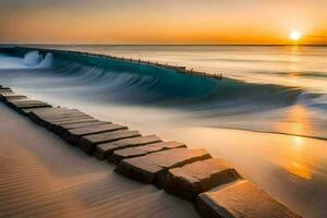 a long exposure photograph of a wave crashing into the shore. AI-Generated photo
