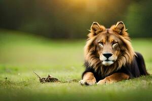 a lion laying in the grass. AI-Generated photo