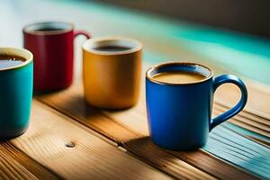 four coffee cups on a wooden table. AI-Generated photo