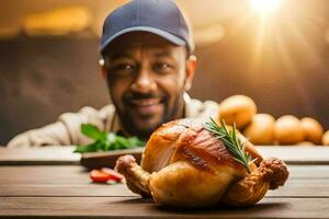 un hombre en un sombrero es sonriente mientras participación un asado pollo. generado por ai foto
