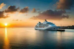 un crucero Embarcacion en el Oceano a puesta de sol. generado por ai foto