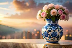 a vase with pink flowers on a table in front of a city. AI-Generated photo