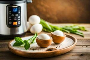 eggs in a bowl with spices and an instant pot. AI-Generated photo